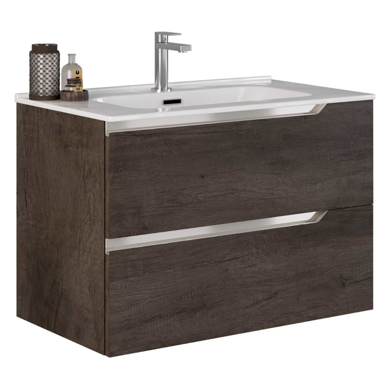 Duo 24" Single Vanity With Integrated Ceramic Top, Weathered Oak, White, 24"
