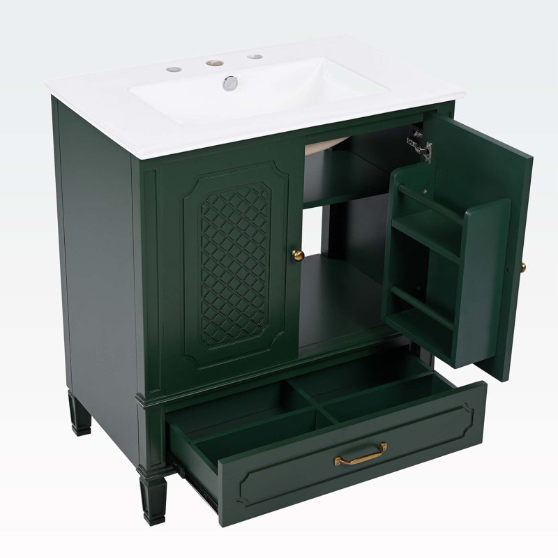 Meuble-lavabo de style rétro avec lavabo, espace de rangement multifonctionnel, Vert foncé