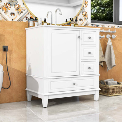 Meuble-lavabo simple autoportant élégant avec lavabo en céramique, porte à fermeture en douceur et grand espace de rangement