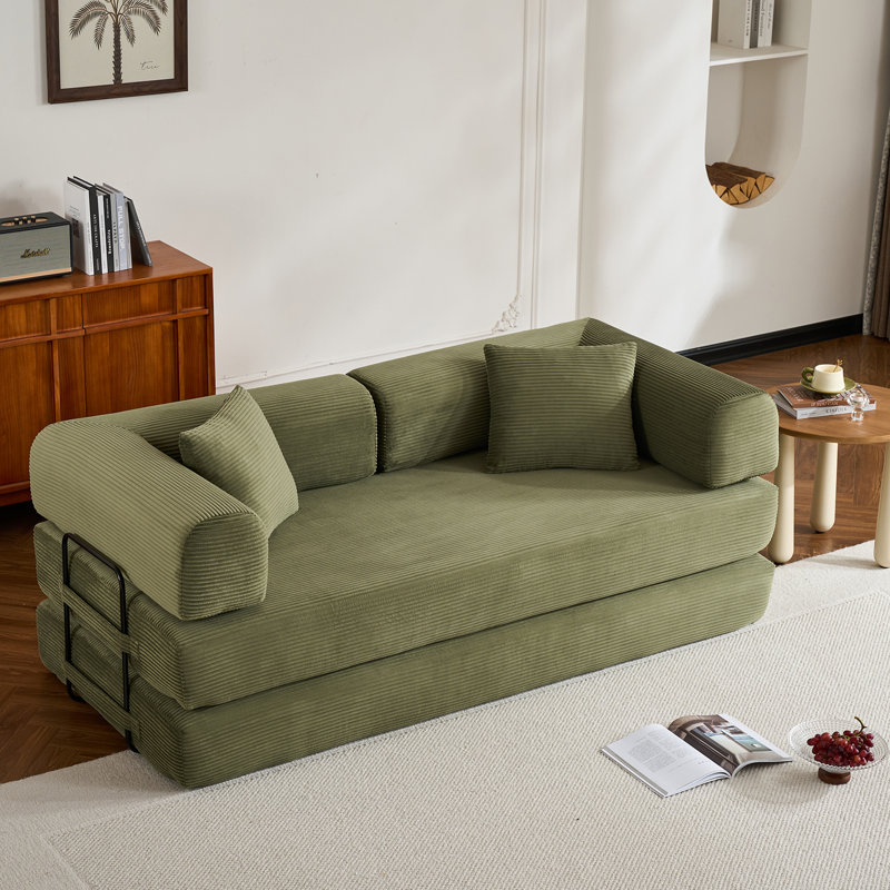 Canapé-lit convertible avec coussin cylindrique, canapé-lit pliant en velours côtelé avec cadre de forme fixe, canapé-lit de salon pour la chambre à coucher (vert)