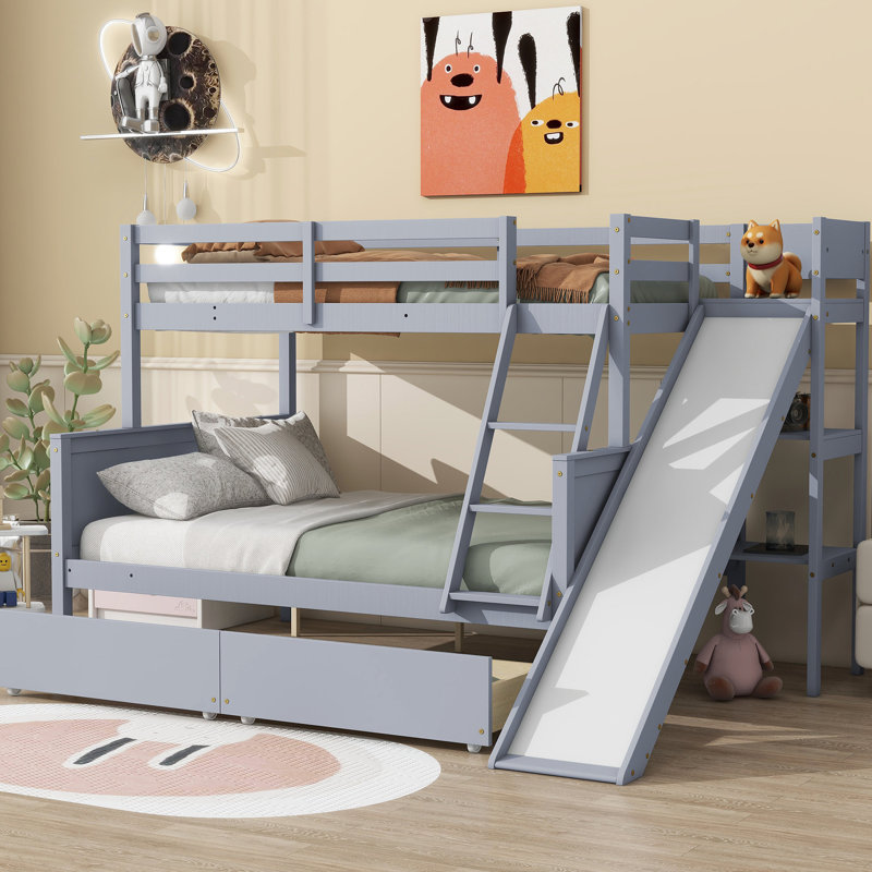 Lit simple superposé au dessus d'un lit double avec glissières et tiroirs - Tablettes en bois d'hévéa gris 2