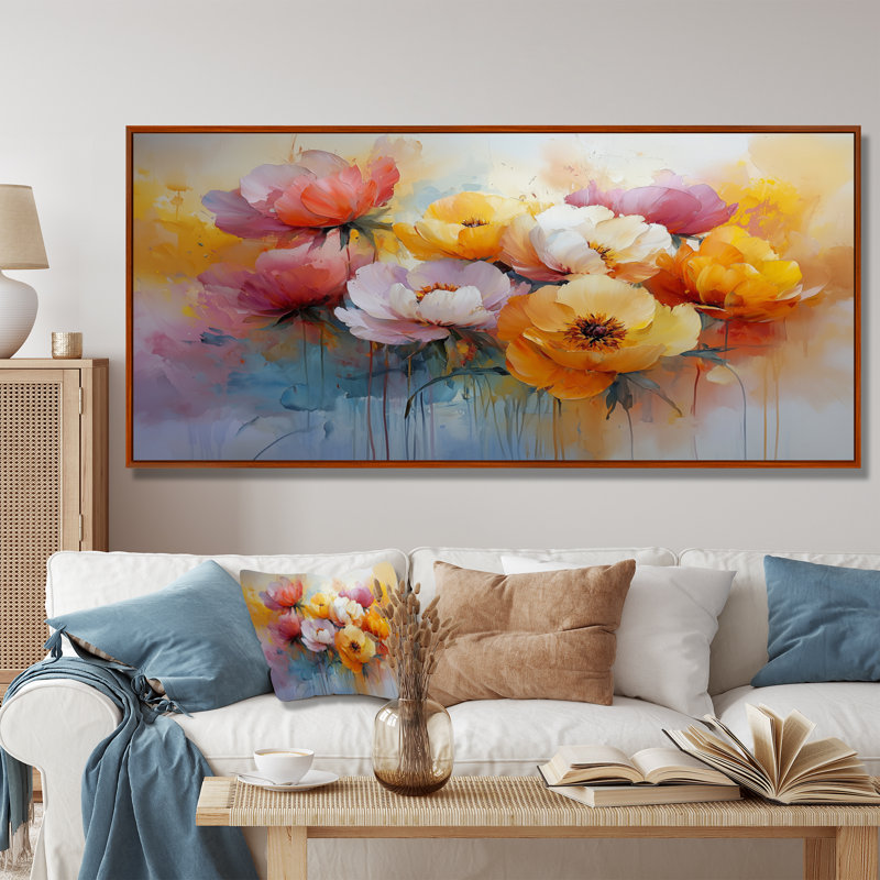 «Summer Peony Vibrant Garden II» - reproduction d'art sur toile encadrée, 24" H x 32" W, Cadre flottant brun
