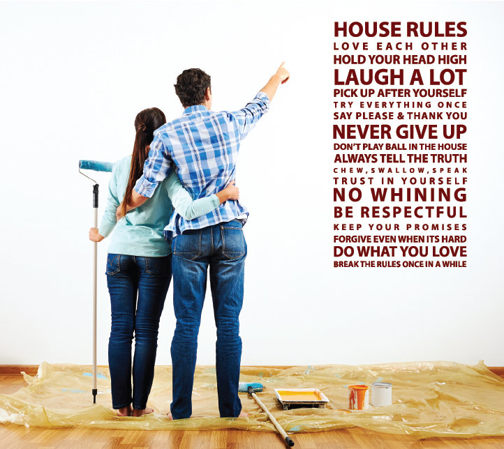 Décalcomanie murale citation "house rules", Bourgogne, H 24 po x l 13 po x P 0,01 po