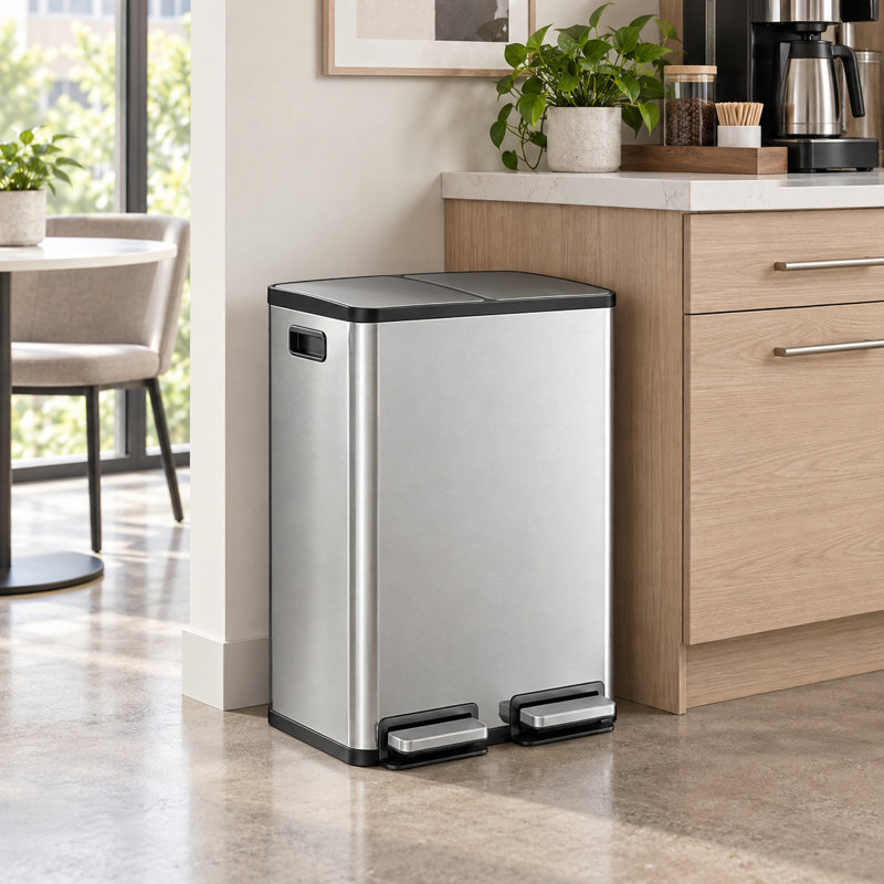 Poubelle de cuisine en acier inoxydable argenté à double compartiment de 16 gallons avec couvercles à fermeture douce, Argent