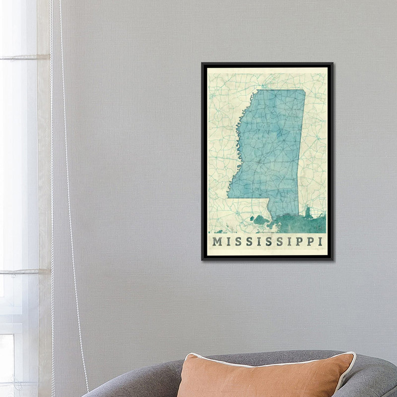 «Mississippi Map», impression sur toile, H 48 po x l 32 po x P 1,5 po, Toile avec cadre noir, Pas de tapis