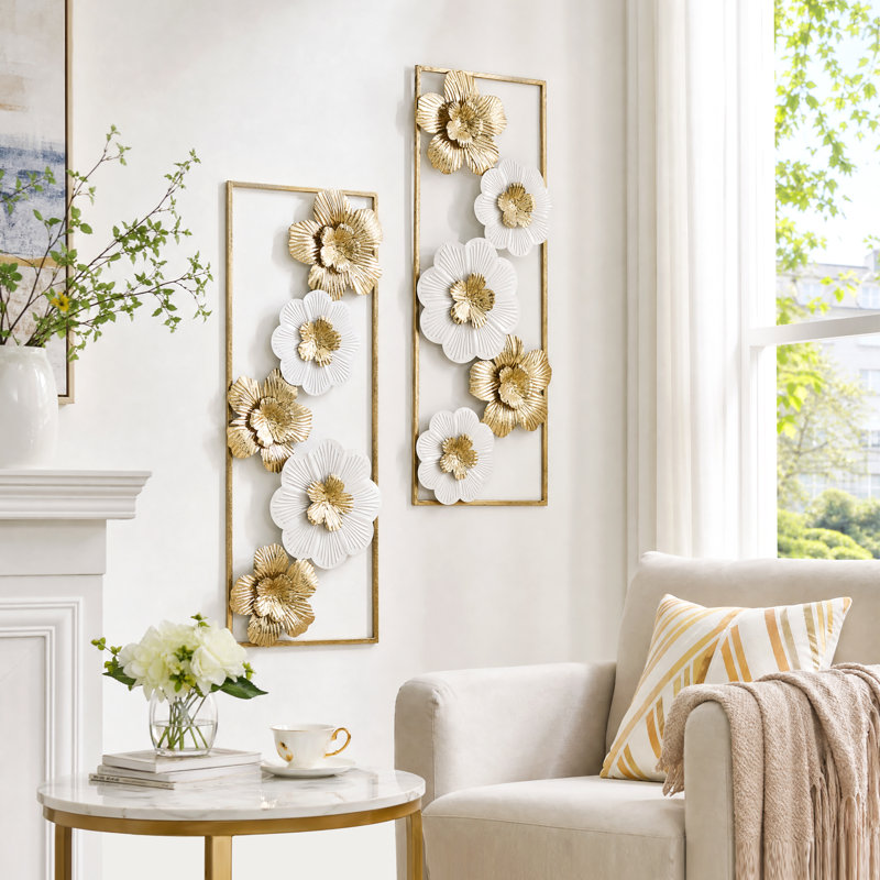 Ensemble de 2 panneaux décoratifs muraux en métal doré et blanc à motif floral 3D, décoration intérieure rustique moderne