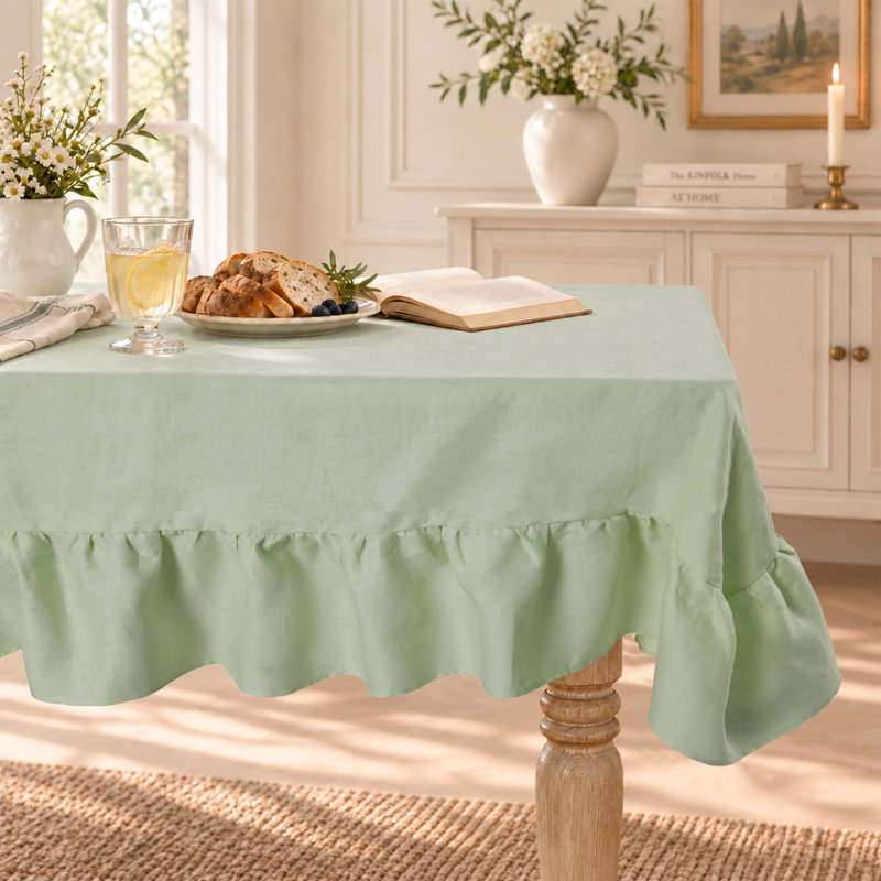100% Linen Solid Tablecloth with Ruffle Edge, Green