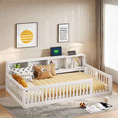 Wood Twin Xl Size Floor Bed With Built-in Storage Cabinets And Usb Ports