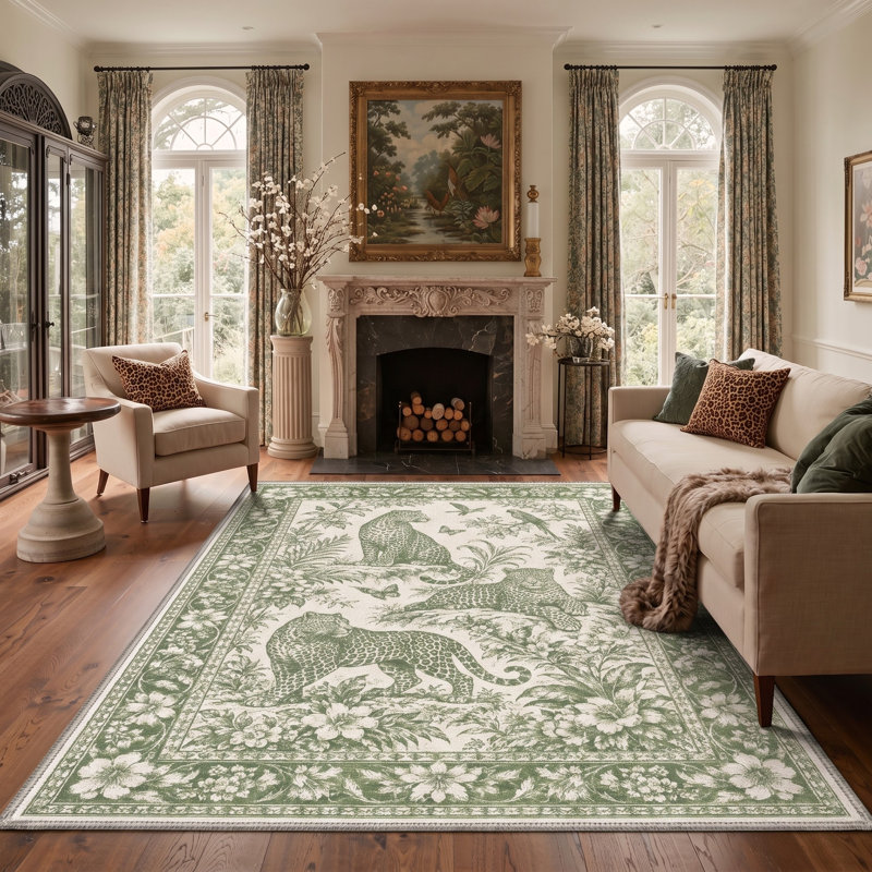 Tapis vert / ivoire à imprimé animal lavable à la machine avec envers antidérapant, Rectangle 6 pi x 9 pi