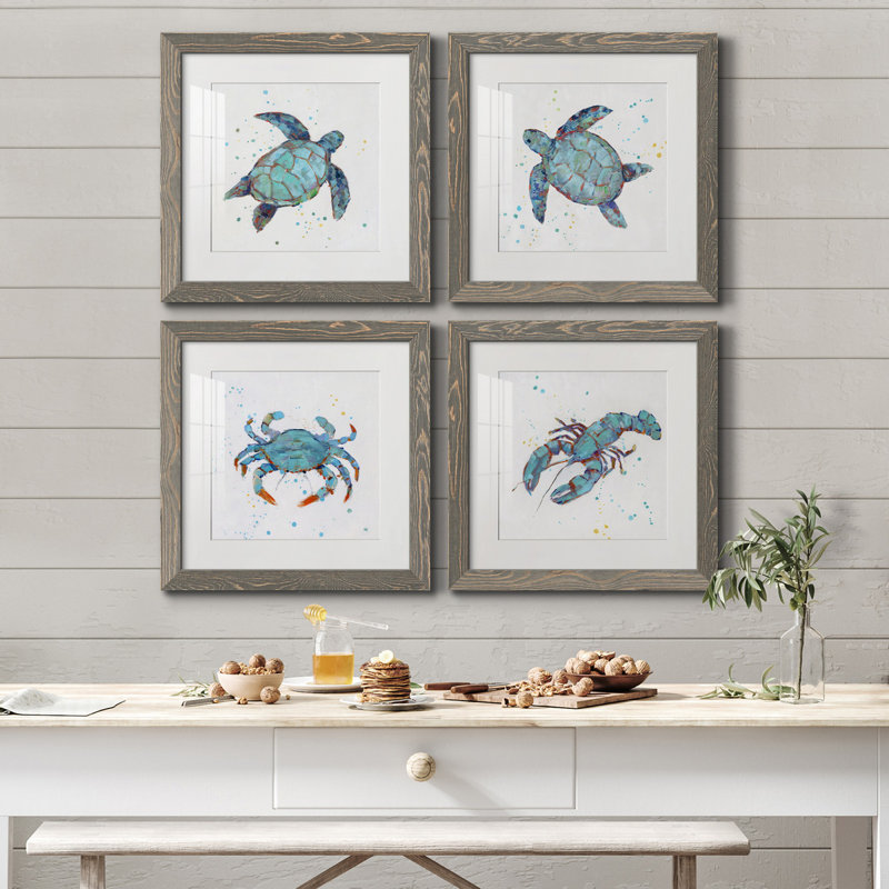 «Bubble Blue Turtle I», ensemble de 4 peintures sur toile encadrées, H 17 po x l 34 po x P 1,5 po, Érable encadré