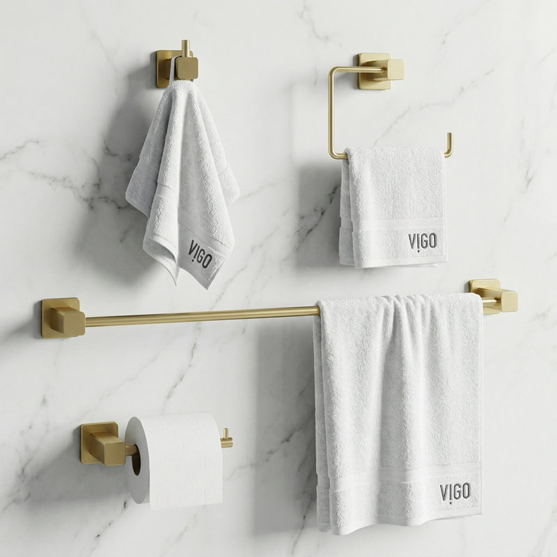 VIGO Meridian 4-Piece Matte Brushed Gold Bathroom Hardware Set with 24-in Towel Bar, Toilet Paper Holder, Hand Towel Holder and Hook