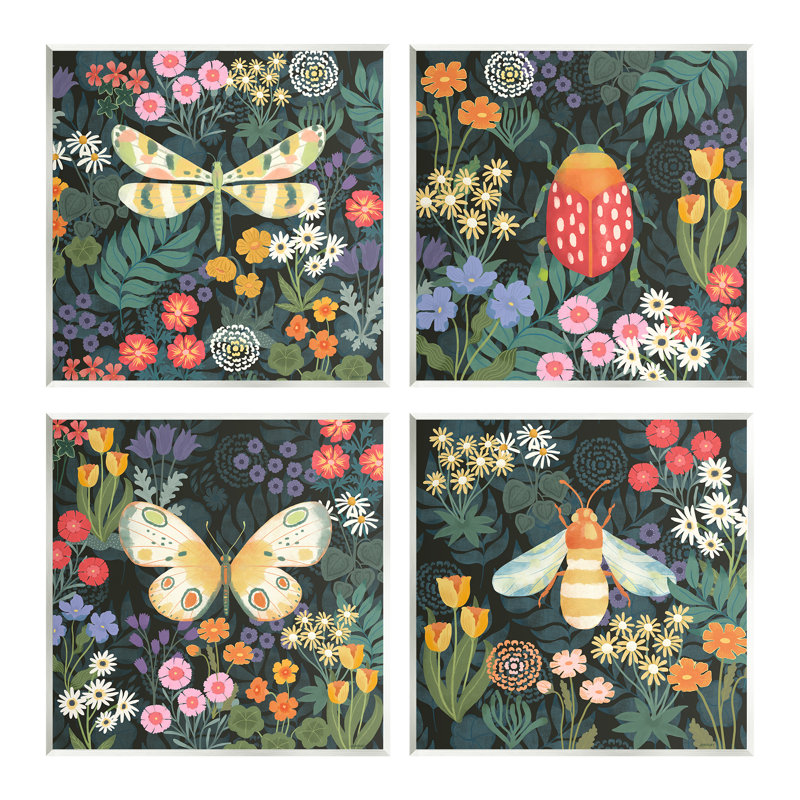 Insectes parmi les fleurs sauvages, plaque murale de 4 pièces par Jennifer Brinley Levison Designs