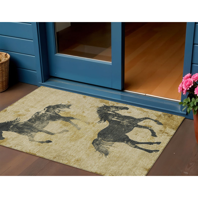 Tapis d'extérieur lavable à cheval doré et gris anthracite 3 pi x 5 pi