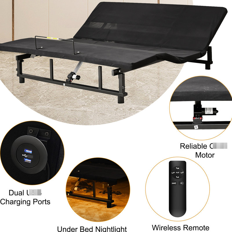 Grand cadre de lit réglable avec inclinaison de la tête et des pieds, télécommande sans fil, 4 ports pour les accessoires, lumières sous la nuit, perspective zéro gravité, comportement moteur silencieux, charme noir