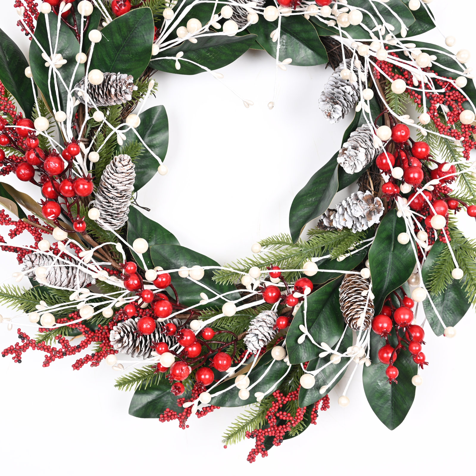 24" Artificial Farmhouse Greenery Foliage Leaves Pine Needle Pinecone Berry Winter Christmas Day Front Door Wreath
