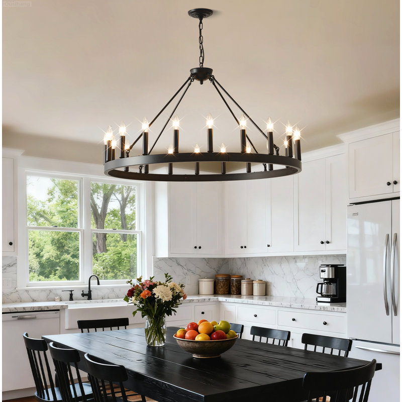 Lustre 20 lumières campagnard rond industriel ouvert avec plafond incliné noir mat, 20-Light