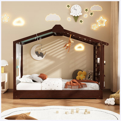 Twin House-Shaped Kids Bed with Trundle & Side Storage Shelves, Espresso