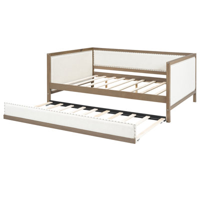 Comfortable Upholstered Daybed With Trundle, Robust Wood & Soft Linen Modern Linen, Strong