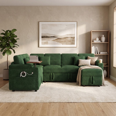 100.02" U-Shaped Plush Corduroy Fluffy Sectional Sleeper Sofa with Pull Out Bed, Storage Chaise Lounge and USB Charging Port for Living Room
