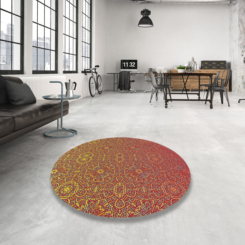 Tapis rouge/jaune à motifs, Rond 6 pi