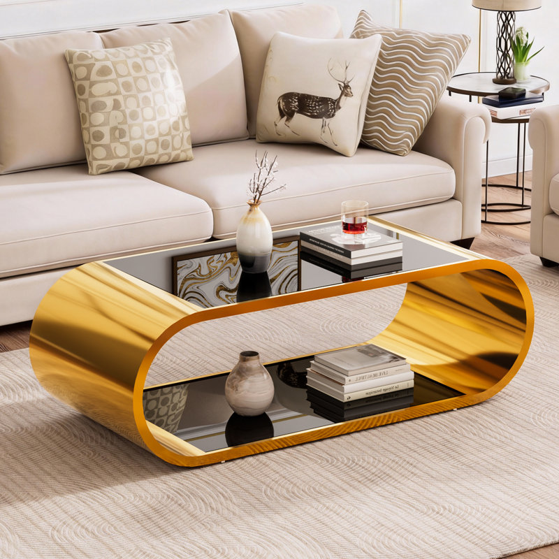 Table basse 57 po moderne à 2 niveaux avec plateau en verre trempé et acier inoxydable, Noir et or