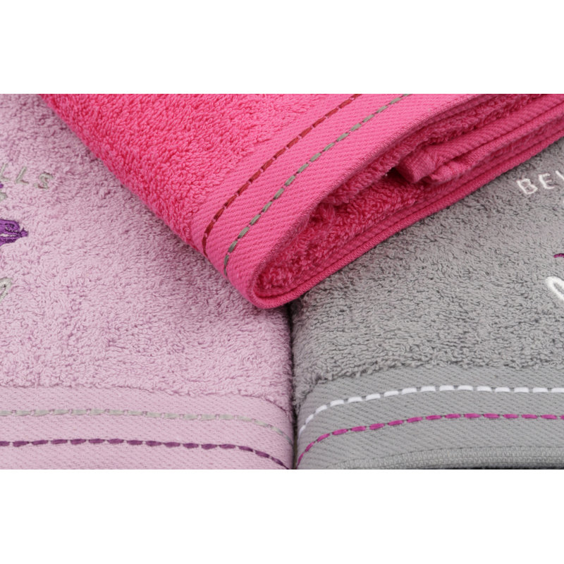 Ensemble de 3 serviettes de bain 100% coton, Fuchsia / lilas / gris