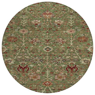 8' Fern Green Brown And Red Round Floral Washable Indoor Outdoor Area Rug