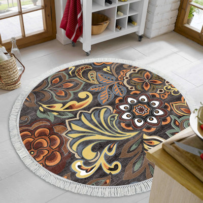 Tapis rond en polyester tissé à la machine à motif cachemire brun