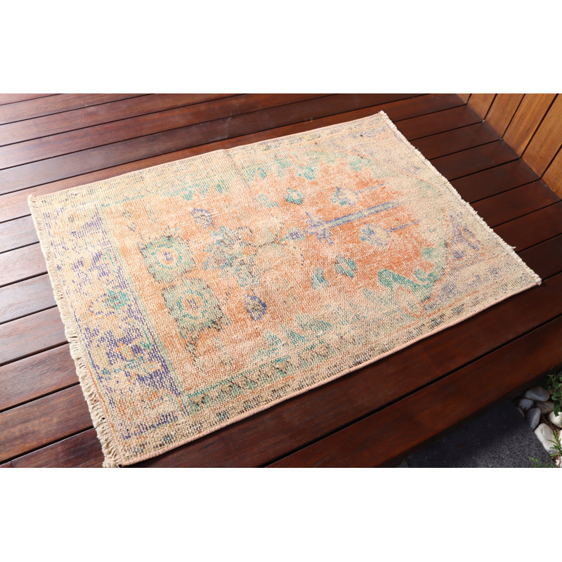 Unique Handmade Vintage Turkish Rug in Small Area for Bohemian Decor with Faded Oushak Design