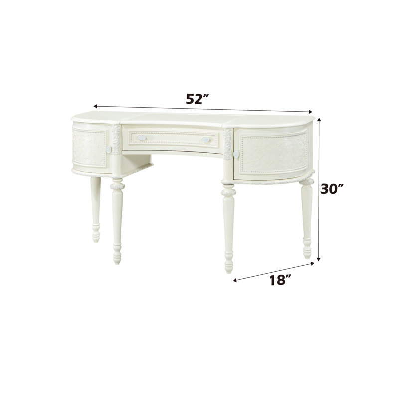 Ivory Pine Wood Vanity Desk with Mirror and Floral Trim