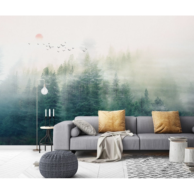 Papier peint amovible Forest Misty Jungle Sunrise, L 114 po x l 204 po