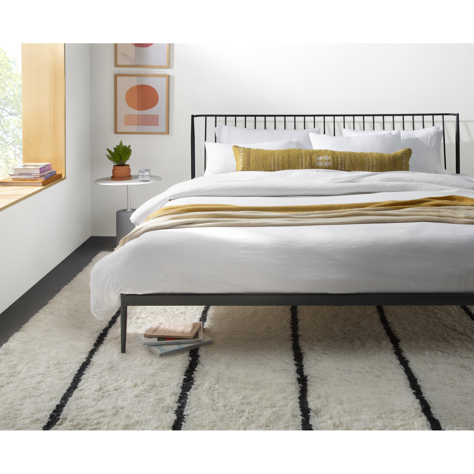 Mayer Ivory Black Hand-Knotted Striped Wool Rug, Rectangle 4' x 6'