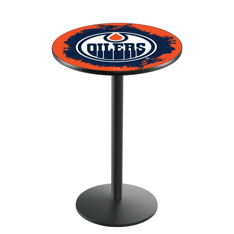 NHL Round Metal Base Dining Table, Black Wrinkle, Edmonton Oilers