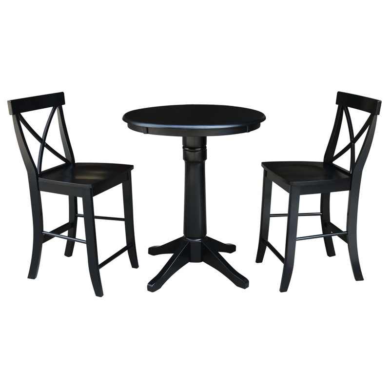 Ensemble de salle à manger en bois massif à hauteur de comptoir 3 pièces Dorchen, H 35,9 po x L 30 po x l 30 po, Noir