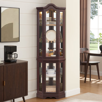 Vitrine de coin lumineuse avec portes et tablettes en verre trempé - rangement élégant en chêne pour le décor du salon et de la chambre à coucher