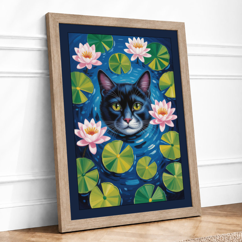 Cat Among Lilies Modern - Framed Print, A2 - 59.4 x 42.0 cm, Oak