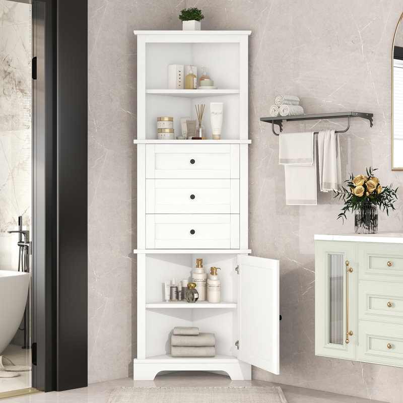 White Triangle Tall Cabinet With 3 Drawers And Adjustable Shelves For Bathroom, White