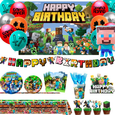Fournitures de fête d'anniversaire Pixer Style Gamer, 113 pièces décorations de fête d'anniversaire Miner