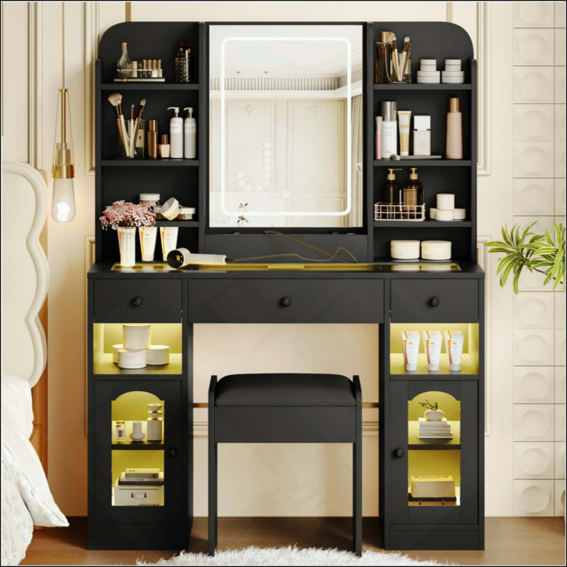 Vanity Desk With LED Mirror And Lights, Glass Top Vanity With RGB Glass Light Cabinets, Dressing Table With 3 Drawers ,Storage Shelves And Stool For Bedroom