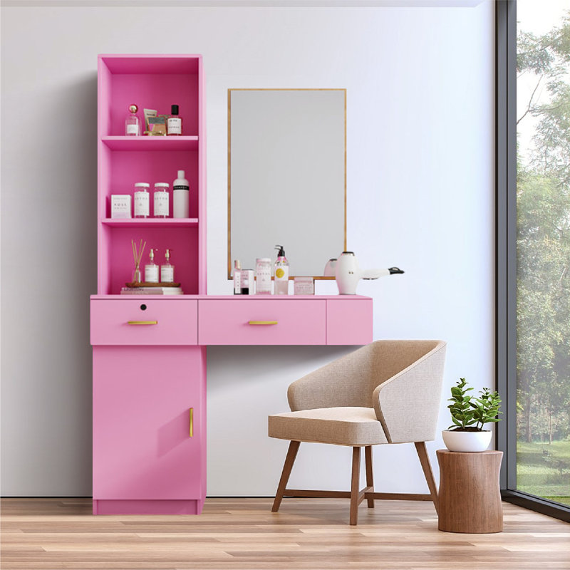 Station de coiffage rose moderne et noire avec rangement, tiroirs et armoire à plusieurs couches - meuble-lavabo peu encombrant