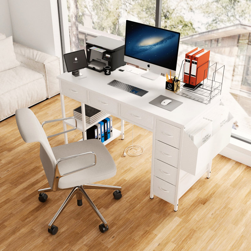 Bureau d'ordinateur avec prise de courant, bureau d'écriture avec tiroirs en tissu, Blanc / blanc
