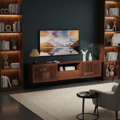 Medieval-Style Modern TV Cabinet, Walnut Color, Suitable For 55-80 Inch Tvs, Double Louvered Door Drawers For Storage, A Living Room/Bedroom Entertainment Center, Can Hold Audio-Visual Equipment.