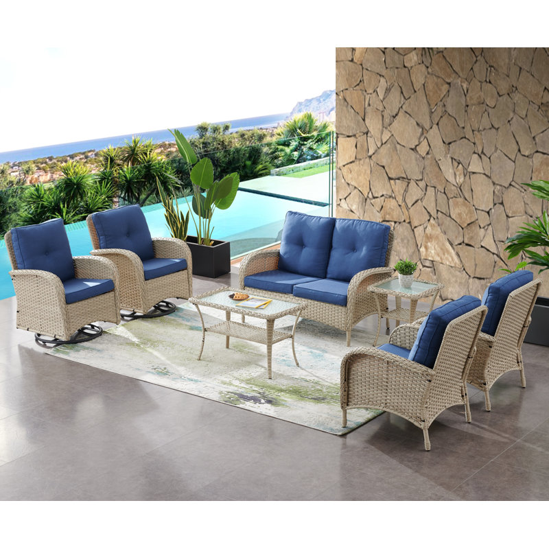 Wicker 6 - Person Patio Conversation Set with Cushions, Gray, Blue