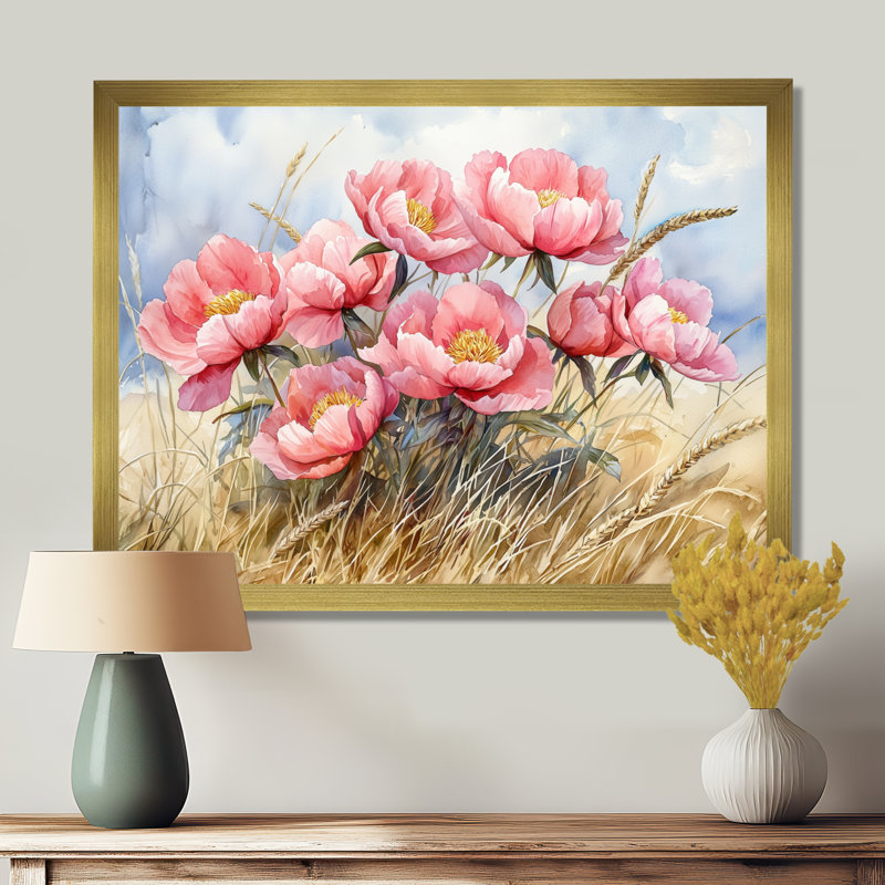 Doylene pivoines dans le champ d'herbe de blé III - pivoines, art mural, Reproduction encadrée d'une seule photo, Doré