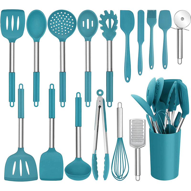 Ensemble d'ustensiles de cuisine 17 pièces avec poignée en acier inoxydable, ustensiles de cuisine en silicone avec support, ustensiles de cuisine antiadhésifs, résistant à la chaleur, bleu