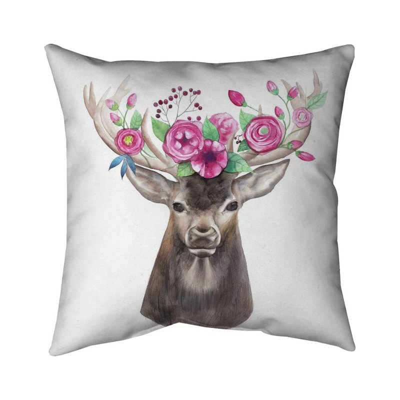 Deer head with flowers - 26"x26" Throw pillow - Poly twill - Print on demand, 26" x 26", Polyester/Polyfill