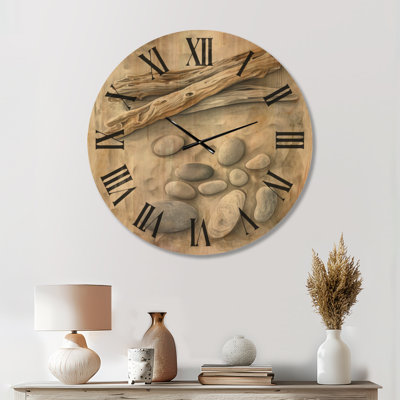 Seascape Wall Clock – Coastal Driftwood and Pebbles Stone, Printed on Wood
