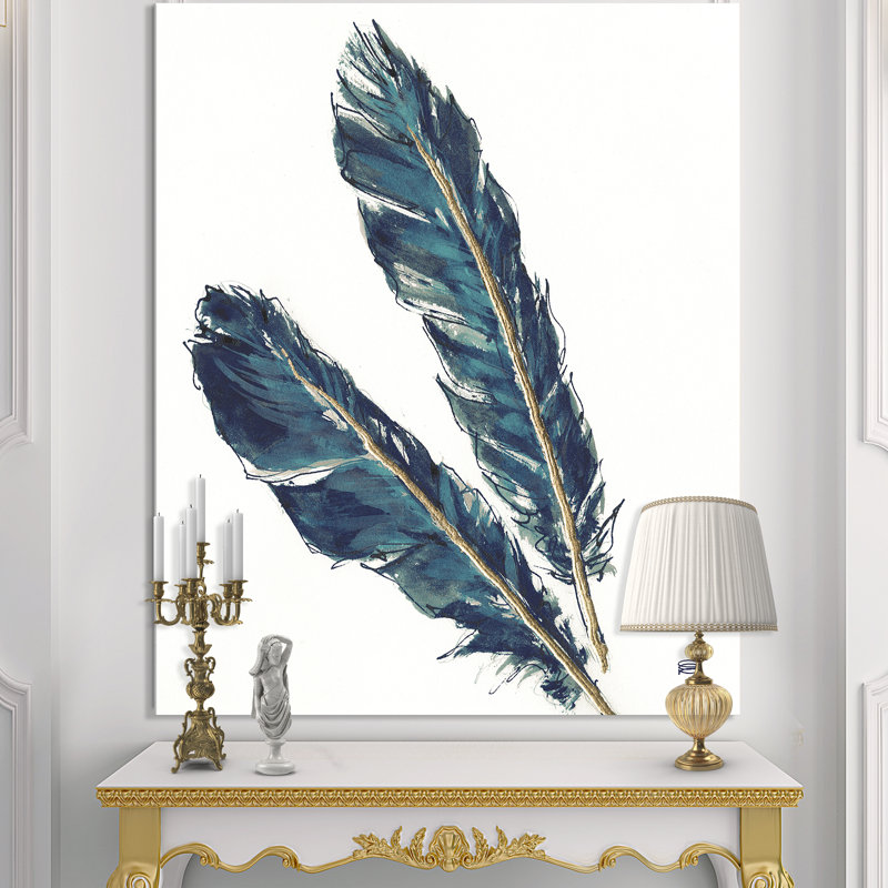 «Gold Indigo Feathers III», reproduction d'art sur toile tendue, H 40 po x l 30 po x 1,5 po