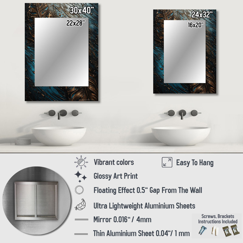 Plume dorée Glamour III - miroir décoratif Glam Feather, miroir mural moderne, impression d'art en métal, 32 po x 24 po