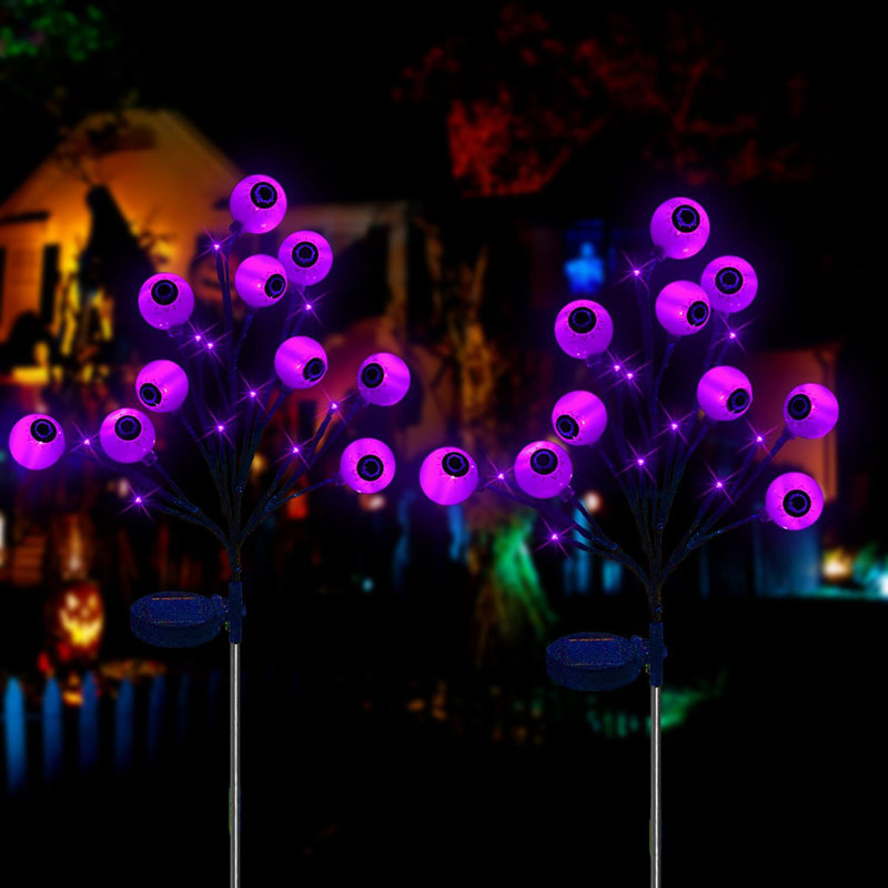 2 paquets de lumières solaires pour globe oculaire pour les décorations d'Halloween, 2 lumières solaires pour piquets d'Halloween, lumières solaires oranges et imperméables pour la cour de jardin